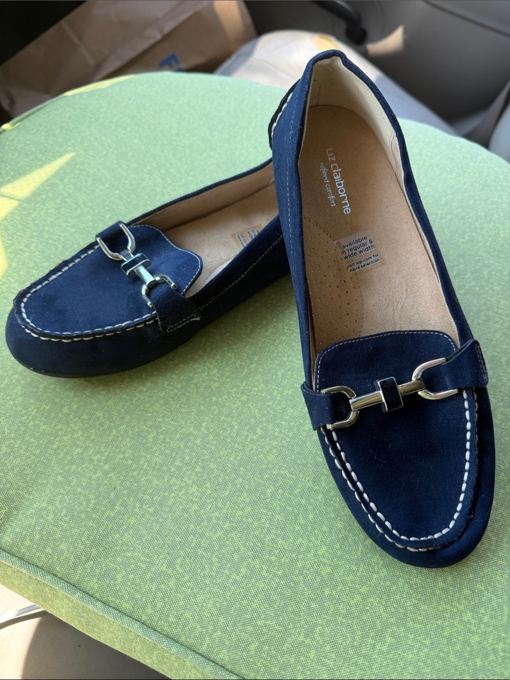Liz Claiborne Navy Suede Loafers with Silver Bit